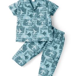 Teddy Sinker Knit Half Sleeves Night Suit with AirplanePrint - Teal Blue-image-13