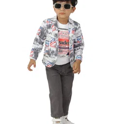 DOTSON Embosis Hoseiry Leader Text Printed Tee & Trousers With Full Sleeves Blazer Set - Grey-picture-35