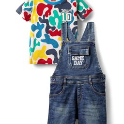 Babyhug Single Jersey Knit Half Sleeves Abstract Printed T-Shirt With Dungaree Set - Multicolour-image-15