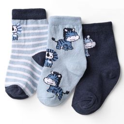 Cute Walk by Babyhug Knit Ankle Length Anti Bacterial Socks with Animal Design & Stripes Pack of 3 - Light & Navy Blue-image-75