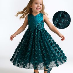 Babyhug Woven Sleeveless Party Gown With 3D Floral Applique - Teal Blue-image-74