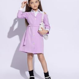 Taffykids Poplin Woven Full Cold Shoulder Sleeves Solid Shirt Style Dress With Belt Set - Lilac & White-image-83