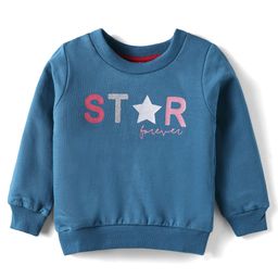 Simply Looper Knit Full Sleeves T-Shirt With Star Forever Text Print - Blue-image-7