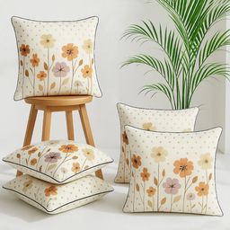 MFD HOME FURNISHING Cream-Coloured Set of 5 Floral Linen Square Cushion Covers-picture-26