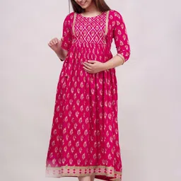 TROPWEAR Floral Printed Round Neck Maternity Fit And Flare Ethnic Dresses-image-28
