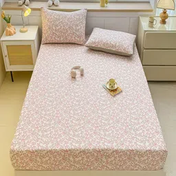 JC HOME White & Pink Floral 140 TC Fitted Double Queen Bedsheet Set - 1.50 m x 2 m-picture-27