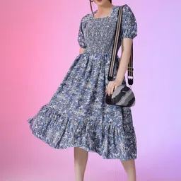 Jash Creation Print Puff Sleeve Applique Fit & Flare Dress-picture-34
