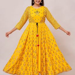 HERE&NOW Floral Printed Round Neck Fit & Flare Ethnic Dress-picture-45