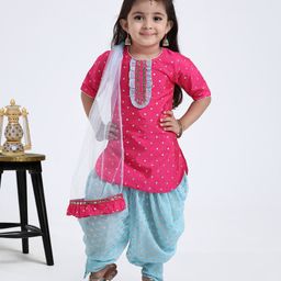 Saka Designs 3/4th Sleeves Dhoti & Kurta With Dupatta Embellished Design -Pink Blue-image-95