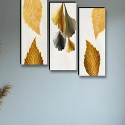 Aura White & Mustard 3 Pieces Leaf Painting Wall Paintings-image-26