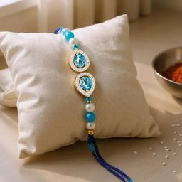 LUCKY JEWELLERY Gold-Plated Stone-Studded & Beaded Rakhi Gift Set-image-49