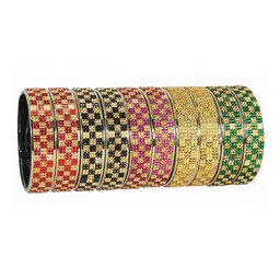 ZULKA Set of 10 Golden Glass & Beads Work Multicolour Kada Bangles-2