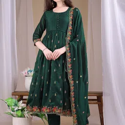 KALINI Ethnic Motifs Embroidered Thread Work Anarkali Kurta With Trousers & Dupatta-image-70