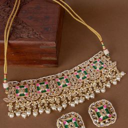 Anouk Gold-Plated Kundan-Studded & Beaded Meenakari Choker Jewellery Set-33
