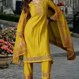 KALINI Women Floral Embroidered Regular Chanderi Silk Kurta with Trousers & With Dupatta-picture-30