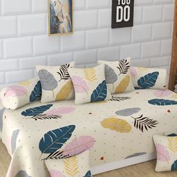 Myntra Elegant Homes Beige & Pink 8 Pieces Floral Printed Cotton Diwan Set-image-84