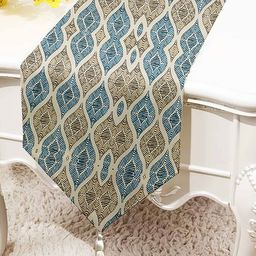 STITCHNEST Beige & Blue Printed Tasseled TableRunner-26