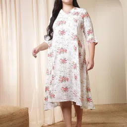 Amydus Women Plus Size Floral Printed V Neck Cotton A-Line Midi Dress-image-81