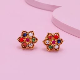 Kushal's Fashion Jewellery Gold-Plated Navaratna Stones Studded & Beaded Antique Studs-image-89