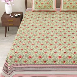 Myntra Elegant Homes Pink & Olive Green Floral 180 TC King Bedsheet with 2 Pillow Covers-picture-34