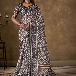 HERE&NOW Ethnic Motifs Printed Pure Linen Ikat Saree-13