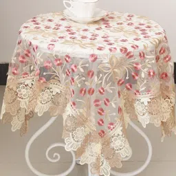 TANLOOMS Pink Floral Round 4-Seater Table Cover with Embroidered details-36