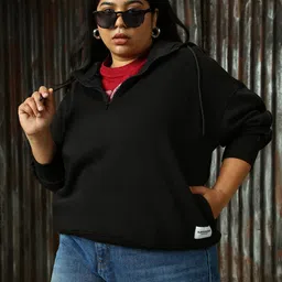 Freeform by High Star Women Solid Hooded Plus Size With Half Zipper Pullover Sweatshirt-image-64