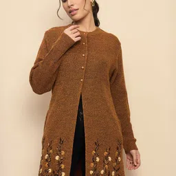 CLAPTON Women Embroidered Woollen Longline Cardigan with Embroidered Detail-image-10
