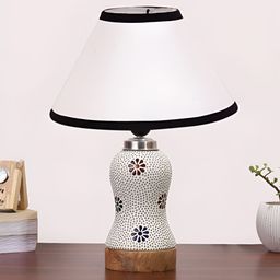 Devansh White Printed Wooden Frustum Shaped Table Lamp With Mosaic Glass Base-44