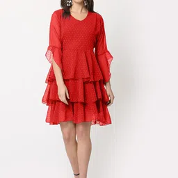 FLOREOS Women Bell Sleeve Ruffled Georgette Fit & Flare Dress-picture-13