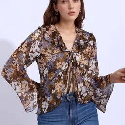 DressBerry Floral Printed Bell Sleeve Ruffles Chiffon Crop Top-image-19