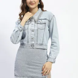 Madame Women Washed Cotton Crop Denim Jacket with Embroidered-33