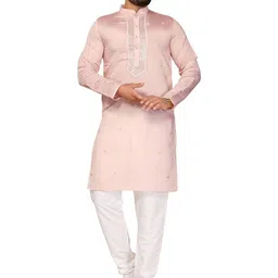 Moda Rapido Men Pink Sequins Embroidered Mandarin Collar Cotton Silk Kurta-picture-23