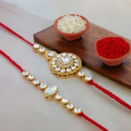 LUCKY JEWELLERY Set Of 2 Gold-Plated Rakhi With Roli Rice & Greeting Card-39