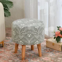 NACIA Green & White Printed Wooden & Velvet Round Pouffes Stool Ottomans-picture-18