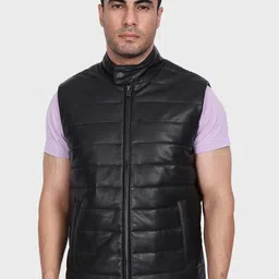 Justanned Men Mandarin Collar Solid Leather Casual Padded Jacket-50
