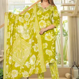 RI AND SU Floral Printed Thread Work Pure Cotton Straight Kurta With Trouser & Dupatta-8