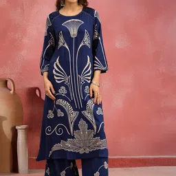 Sangria Women Floral Printed Round Neck Straight Kurta & Palazzo Kurta Sets-image-74