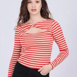 Outzidr Women Striped Ribbed Cut Out Cotton Top-image-94
