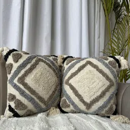 EXPORT HOUSE Off White & Brown 2 Pieces Cotton Geometric Square Cushion Covers-35