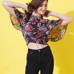 Moda Rapido Women Floral Printed Kimono Sleeve Crepe Blouson Top-picture-38