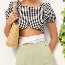 DressBerry Midnight Gingham Flossed Dip Ruched Glam Crop Top-image-48