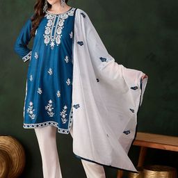 HERE&NOW Floral Embroidered Straight Thread Work Kurti With Salwar And Dupatta-image-91