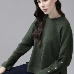 Casual Regular Sleeves Solid Women Dark Green Top-image-64