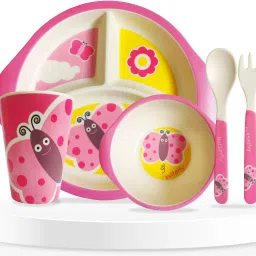 Baby Self Feeding Dinnerware Dinner Set Bamboo Fiber Utensils For Kids -(Pink) - Bamboo Fiber-22