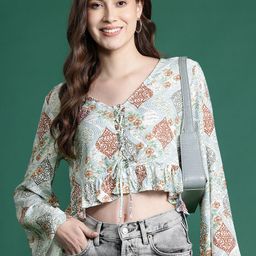 DressBerry Printed Flared Sleeve Cotton Front Tie-Ups Crop Top-image-9
