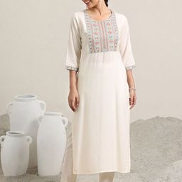 Libas Off white Floral Embroidered Round Neck Sequinned Straight Kurta-picture-0