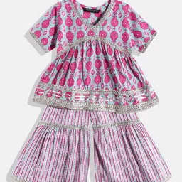 Readiprint Fashions Girls Pink & Sea Green Printed Pure Cotton Kurti with Sharara-picture-29