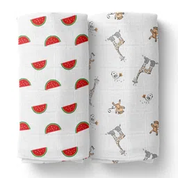 Moms Home Infants Set Of 2 White Printed Organic Cotton Muslin Swaddle-44