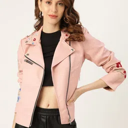 Leather Retail Women Pink Solid Biker Jacket With Embroidery-image-6